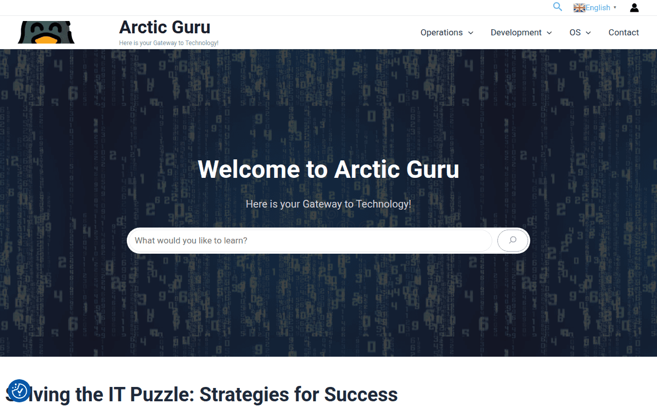 Pagina principală Arctic Guru: titlul „Welcome to Arctic Guru”, câmpul de căutare și meniul cu secțiunile Operations, Development, OS și Contact