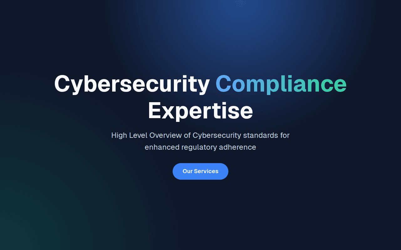 Pagina principală Carujo: titlul „Cybersecurity Compliance Expertise”, subtitlul „High Level Overview of Cybersecurity standards for enhanced regulatory adherence” și butonul „Our Services”
