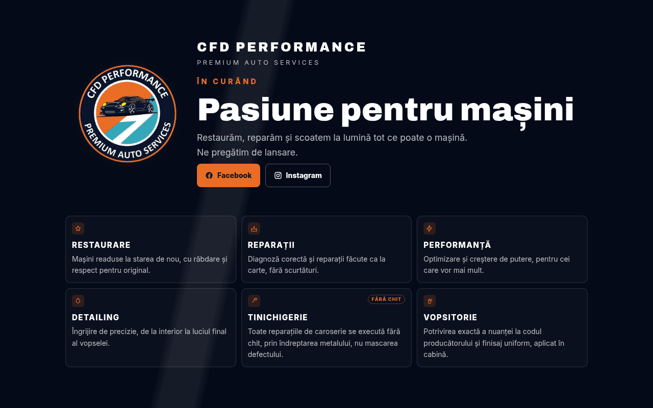 Pagina „în curând” CFD Performance: logo, titlul „Pasiune pentru mașini” și șase servicii auto