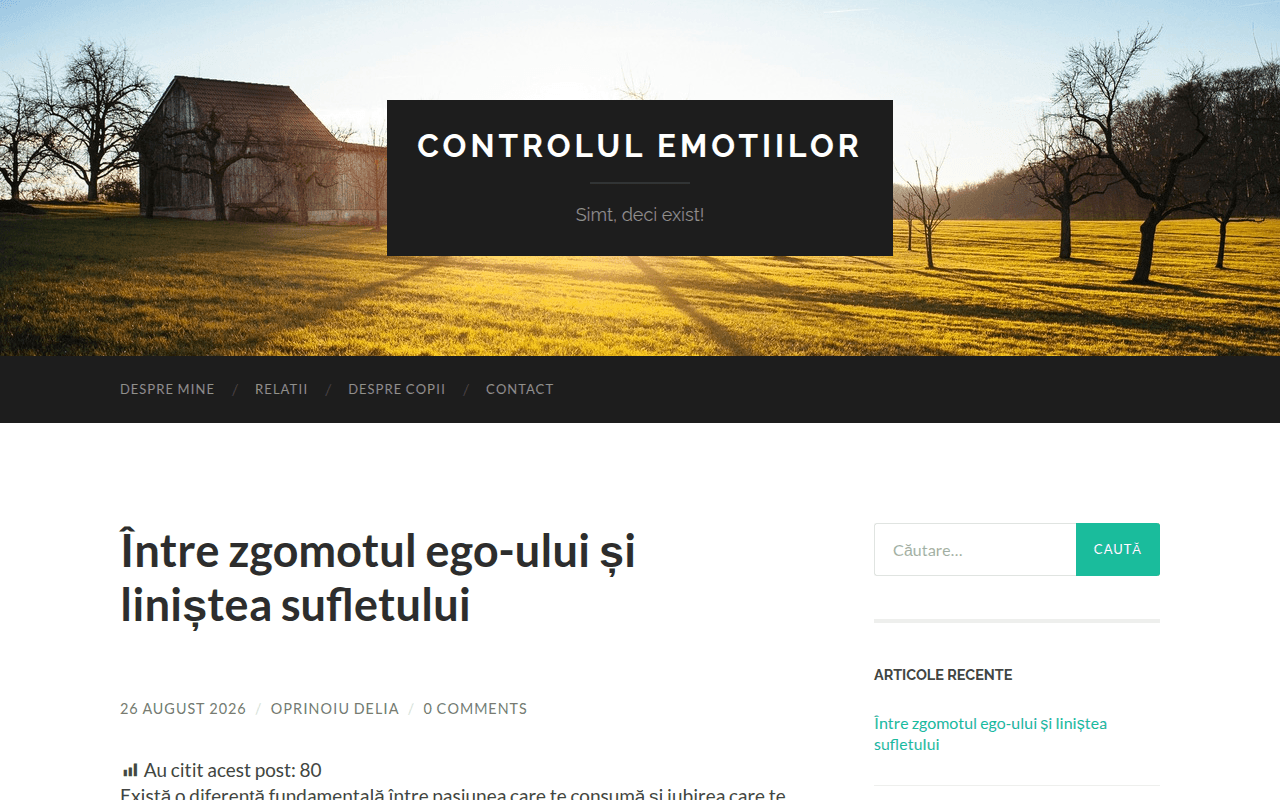 Pagina principală Controlul Emoțiilor: titlul „Controlul Emoțiilor”, subtitlul „Simt, deci exist!” și meniul cu secțiunile Despre mine, Relații, Despre copii și Contact