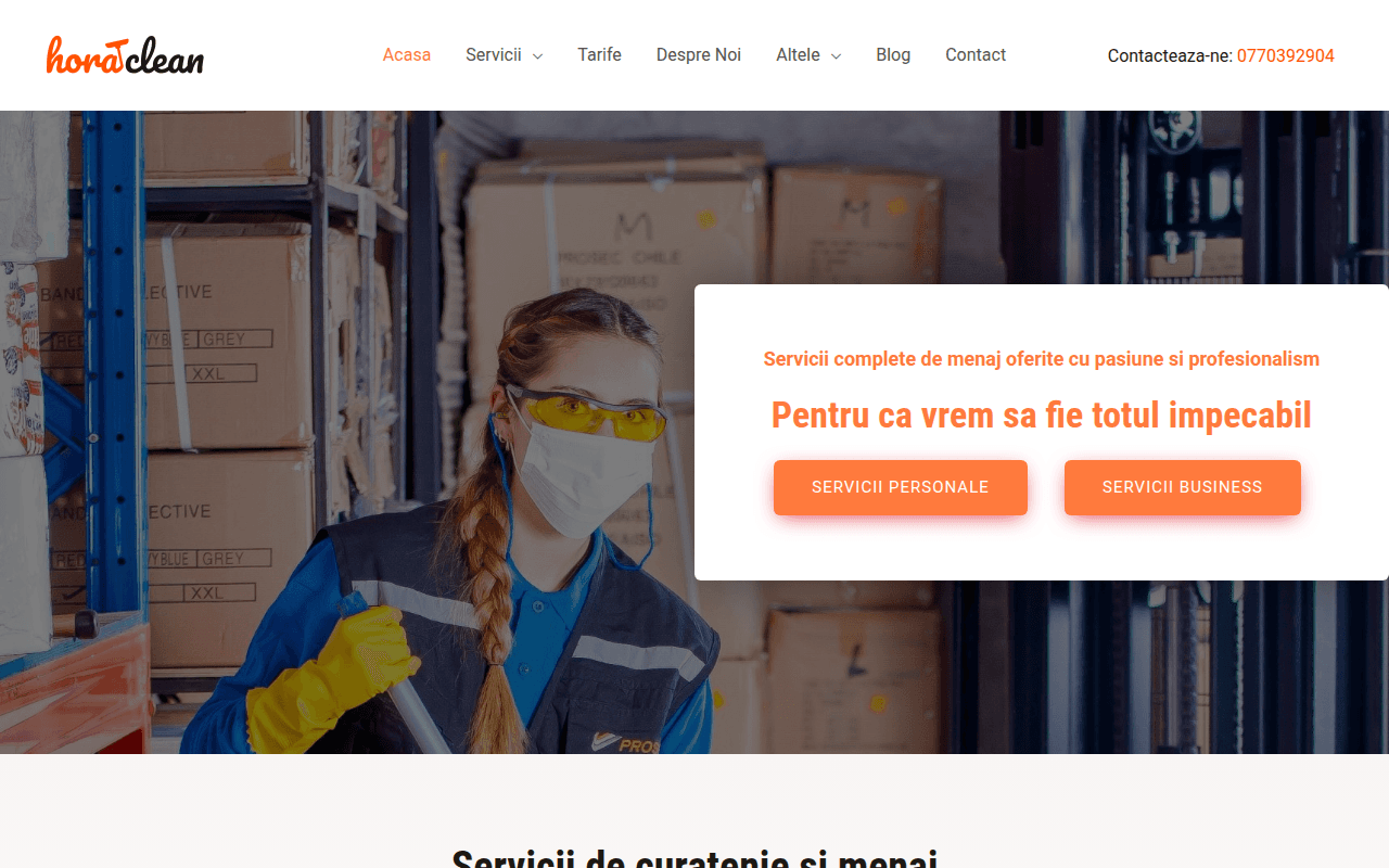 Pagina principală Horat Clean: titlul „Pentru ca vrem sa fie totul impecabil”, butoanele „Servicii personale” și „Servicii business” și o fotografie cu o angajată la curățenie