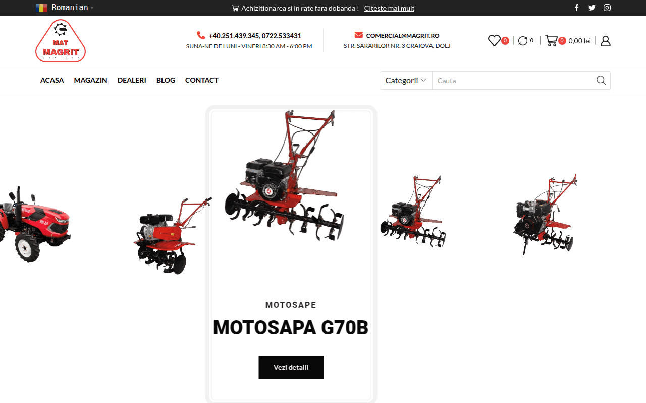 Pagina principală Mat Magrit: sigla, datele de contact, meniul principal și caruselul de produse cu motosapa G70B